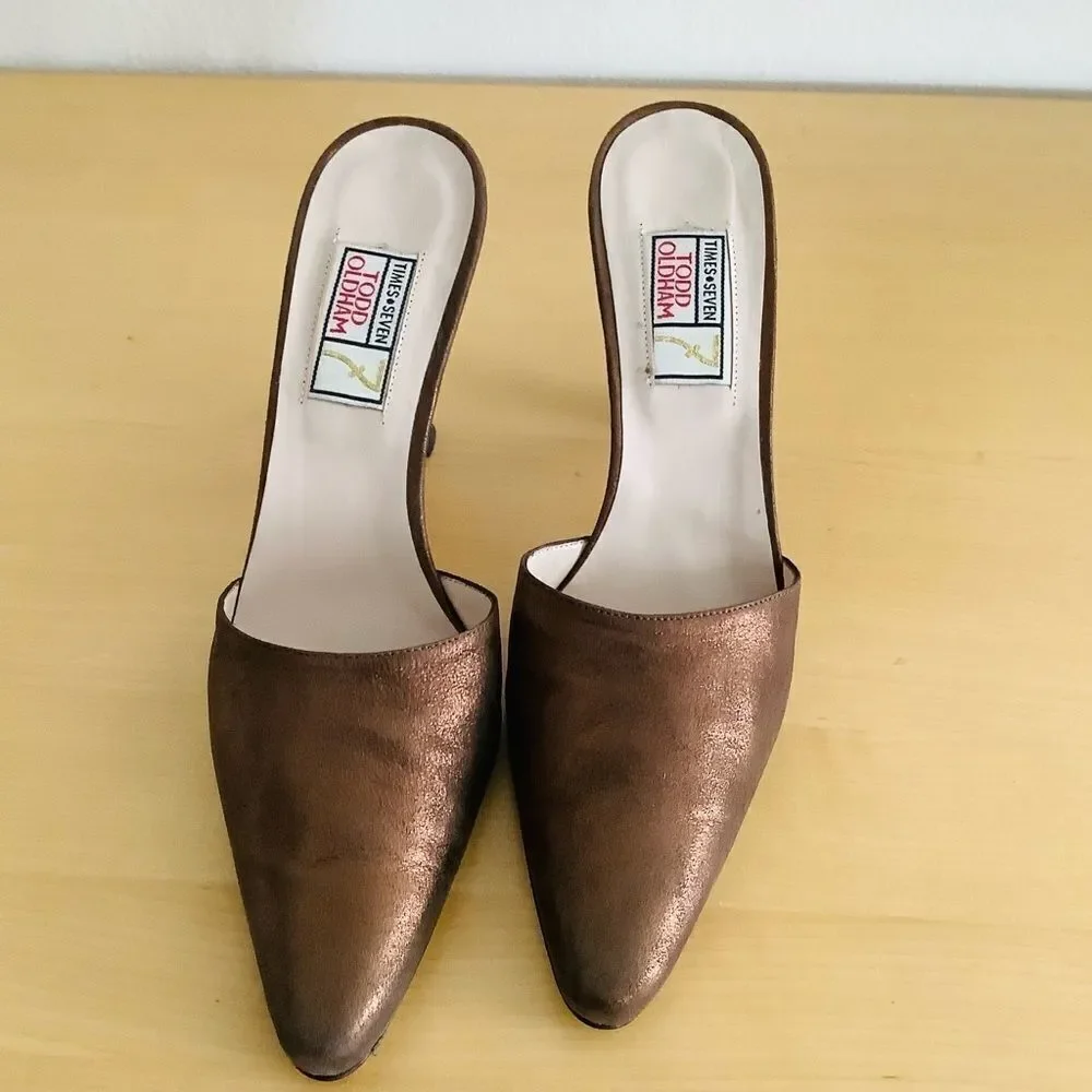 TODD OLDHAM BROWN METALLIC HEELS MULES 8 NEW VINTAGE - Picture 2 of 7